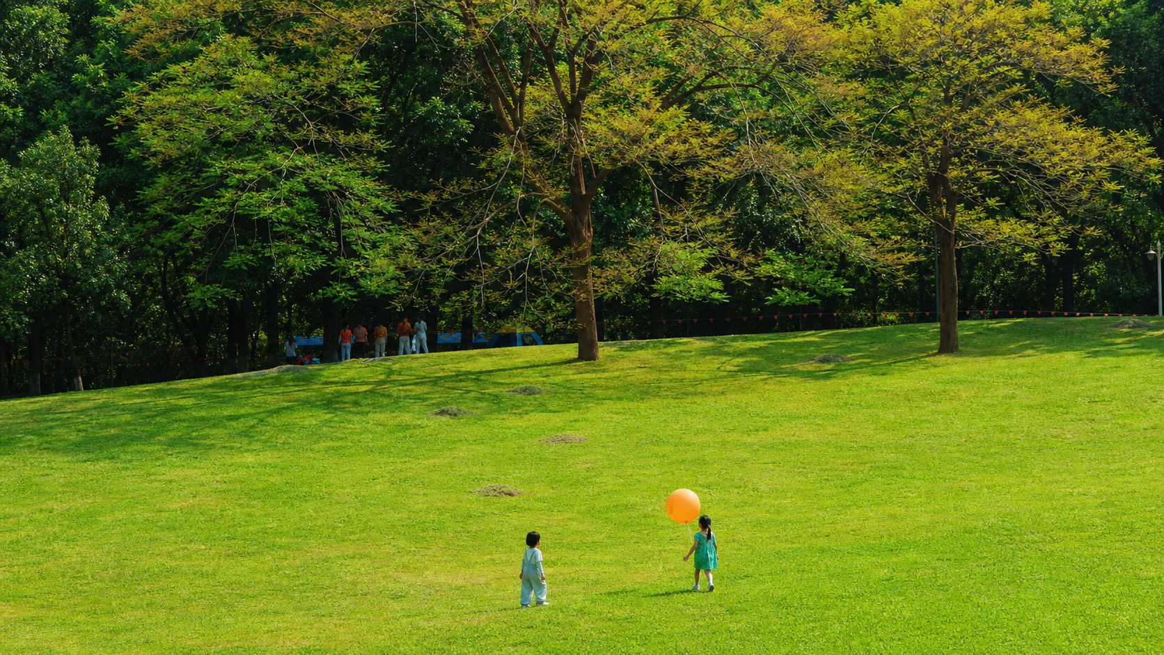 Children playing on the open lawn near Yangri Lake in Lianhuashan Park